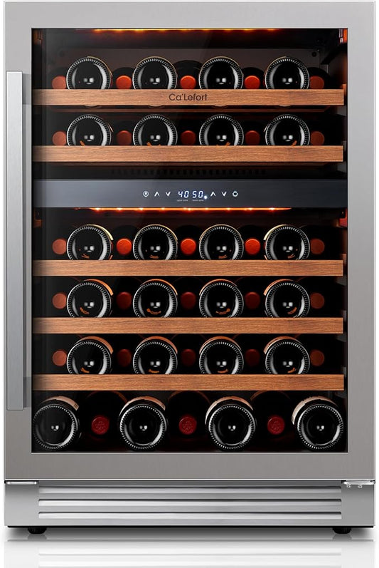 Ca'Lefort Wine Fridge & Cooler - 24 Inch 52 Bottle Wine Cooler Refrigerator, 40-65°F Dual Zone Wine Refrigerator Glass Door, 3 LED Built-in or Freestanding Fridge for Home/Bar/Kitchen (5.65 cu.ft)