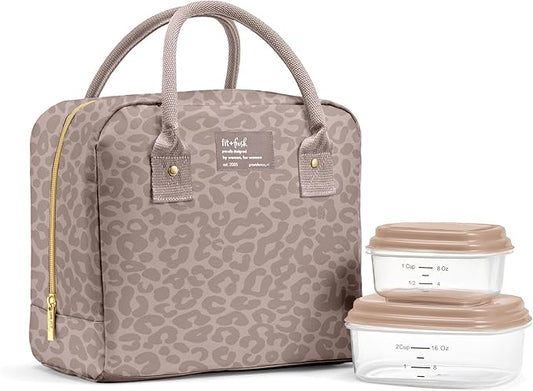 Fit & Fresh Bloomington Lunch Bag for Women - Insulated Large Lunch Box for Work with Containers, Leak-Resistant, Stain-Resistant, Zipper Closure, Mocha Feline Fine