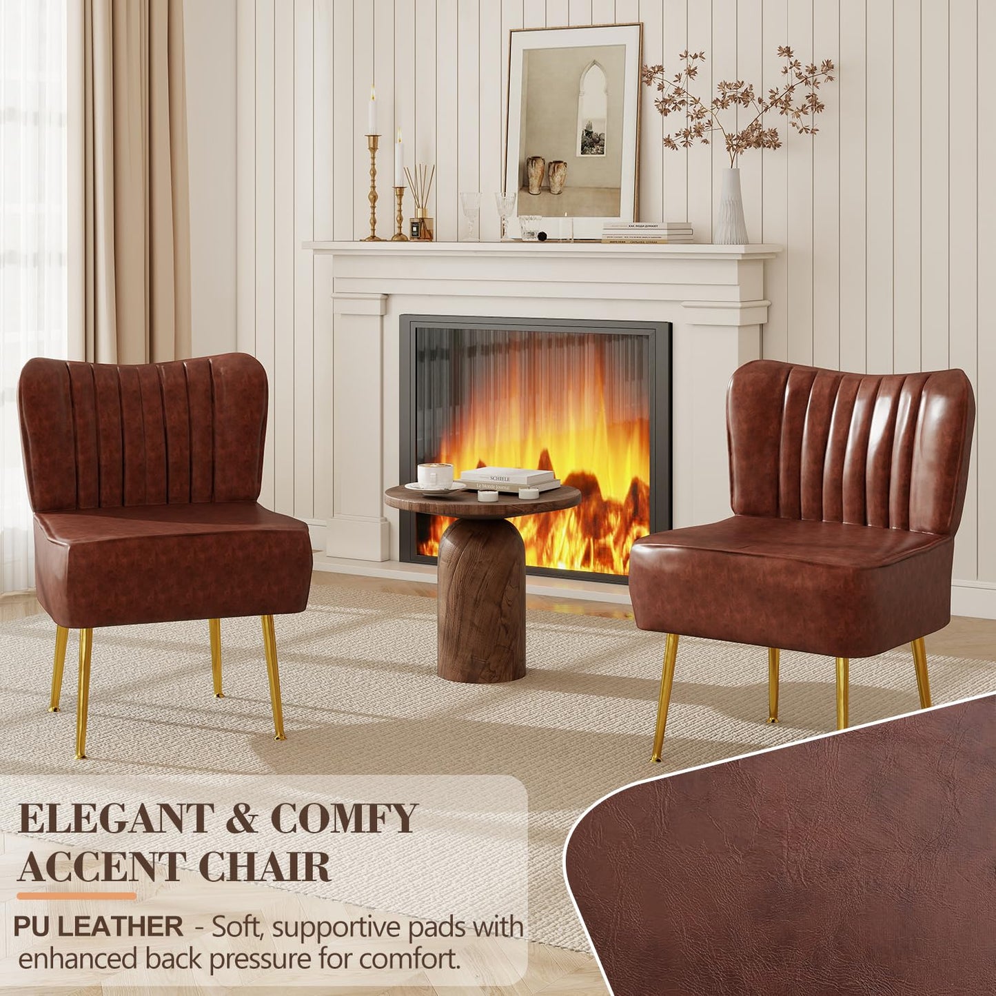 Accent Chair,Modern Armless Accent Chair for Living Room,Modern Comfy Accent Chairs,PU Leather Upholstered Chair with Soft Cushion for Bedroom, Balcony, Lounge, or Reading Living Room,Brown