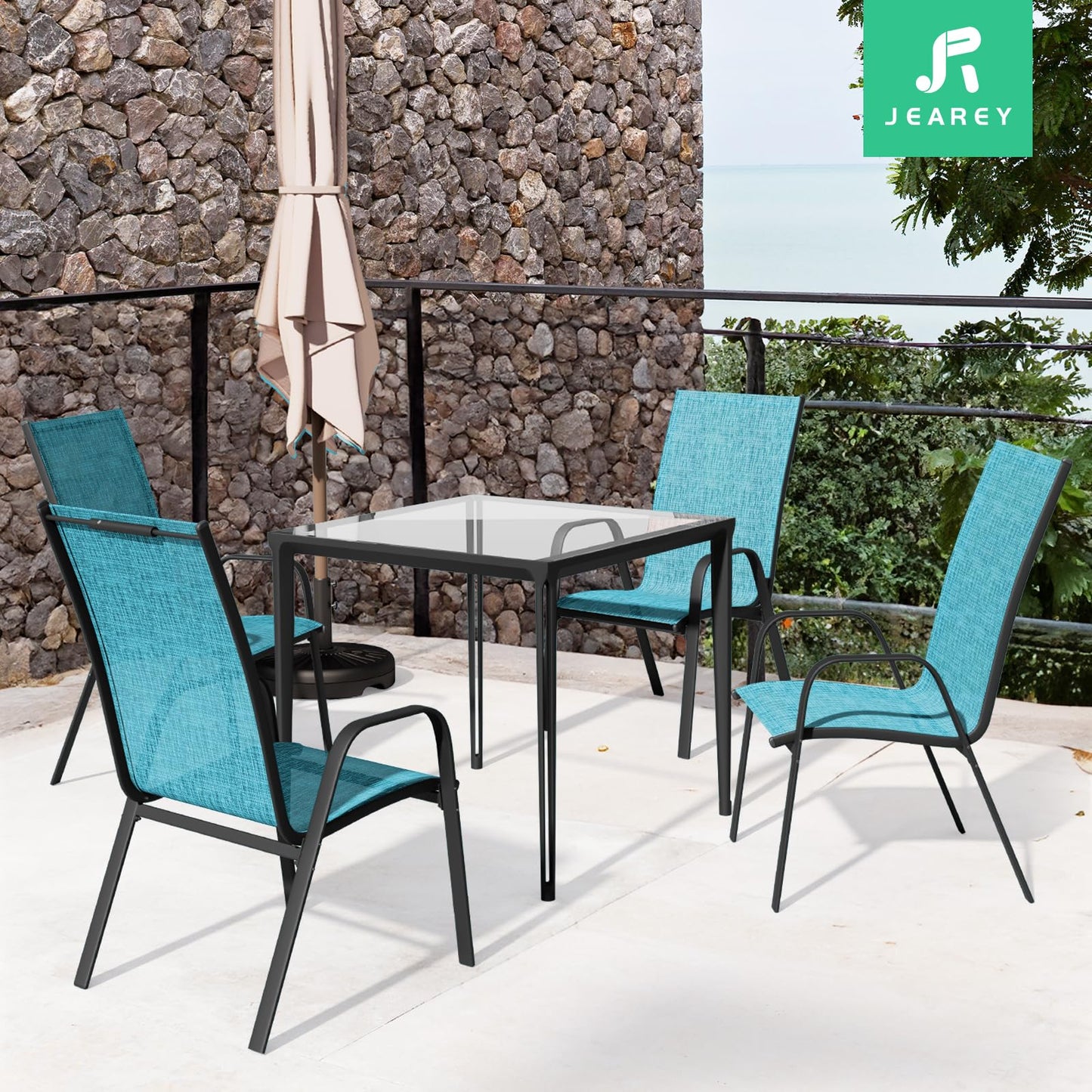 JEAREY Patio Dining Chairs Set of 4, Outdoor Stackable Dining Furniture Set, All Weather Dining Set for Lawn, Garden, Backyard, Poolside, Teal Blue