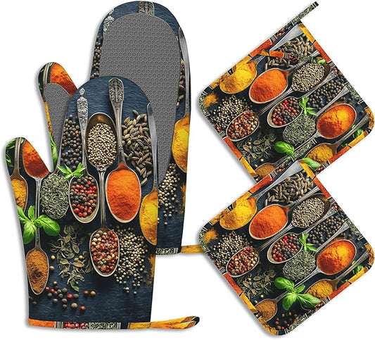 Oven Mitts and Pot Holders Sets Colorful Spices Silicone Kitchen Mits Potholders Cooking Herb Spoons Heat Resistant 4Pcs Oven Gloves Hot Pads for Baking Cooking BBQ Grilling Home Decor