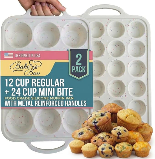 2-Pack Silicone Muffin Pan Set – Regular 12 Cup & Mini 24-Cup Silicone Muffin Pans for Baking – Nonstick Silicone Cupcake Pan with Metal-Reinforced Handles – BPA-Free, Dishwasher-Safe, Cream