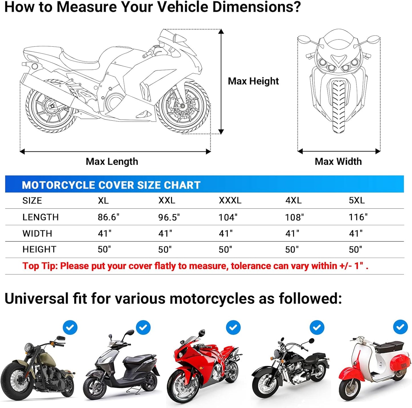 Favoto Motorcycle Cover Reflective Stripe Waterproof Outdoor Protection All Season Universal Premium Vehicle Cover with Lock-Holes & Storage Bag Fits up to 104" Motorcycles