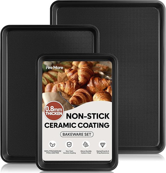 3 Pack Baking Sheet Pan Set, 0.8mm Thick Nonstick Cookie Sheets for Oven, Half/Quarter/Jelly Roll Pans for Oven, Heavy Duty Baking Trays for Oven with Diamond Texture