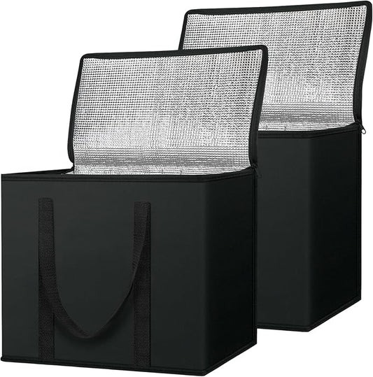 BALEINE 2Pk Insulated Reusable Grocery Bags, Collapsible Cooler Bag for Groceries, Heavy Duty Large Insulated Bag (16''x9''x13'', Charcoal Black)