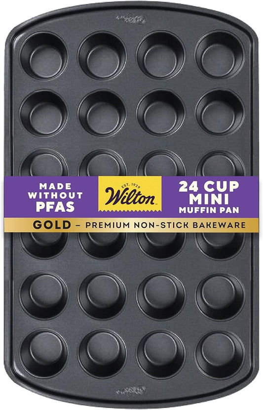 Wilton Gold Non-Stick Bakeware Mini Muffin Pan - Baking Pan for Mini Cupcakes & Muffins - Made Without PFAS - Even Heat Distribution & Scratch Resistant - 16 x 10 x 1 Inch, 24 Cups