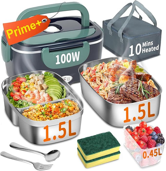 Electric Heated Lunch Box for Adults with 2 Pack 1.5L Containers, Portable 100W 3-IN-1 Fast Heated Lunch Box for Men, Portable Heating Food Warmer,12V/24V/110V for Car Truck Office Home Travel