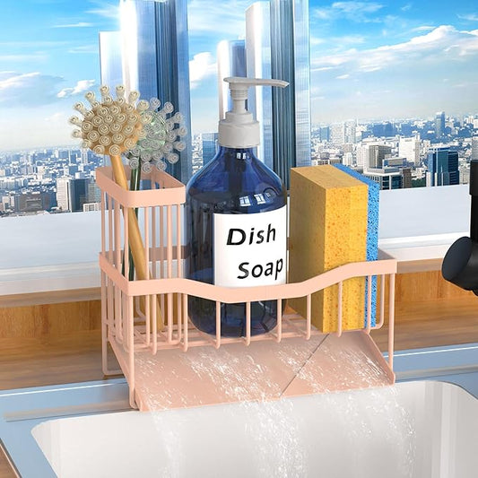 Maifan Sink Caddy Sponge Holder for Kitchen with Brush Holder and Stainless Steel Self Drain Tray, Rustproof Kitchen Sink Organizer for Sponge, Soap Dispenser Storage Accessories Pinky White