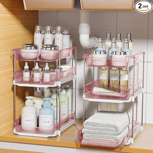 Delamu 2 Pack 3-Tier Bathroom Under Sink Organizers and Storage, Multi-Purpose Stackable Pantry Organization and Storage, Pull Out Clear Kitchen Bathroom Cabinet Organizer with Movable Dividers, Pink