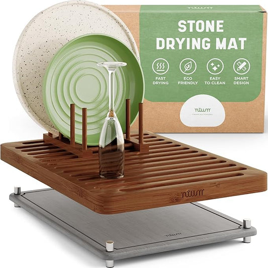 NIUM Stone Drying Mat for Kitchen Counter & Bamboo Rack - 16″x12″ - Diatomaceous Earth Dish drying mat Ultra Absorbent & Fast Drying - EcoFriendly with Non-Slip Pads & Anti-Moisture Design