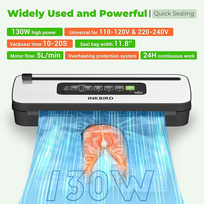 Vacuum Sealer Machine, INKBIRD Powerful 130W High Power with Liquid/Moist/Dry 6-Food Modes, Compact Food Preservation System with Cutter, Full Start Kit with Pre-cut Bags*10 (8''*11.8''), EXT-VAC
