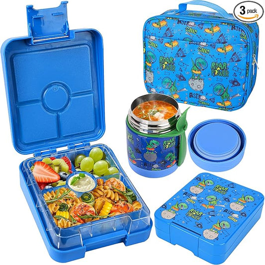 Pawtong Bento Lunch Box Set With 10oz Soup Thermo, Leak-proof Lunch Containers with 4 Compartment, Kids Hot Thermo Food Jar/Insulation Lunch Bag, Food Containers for School（Dinosaur）