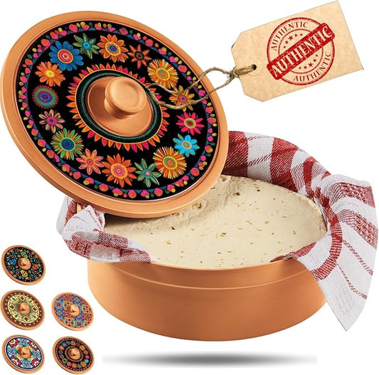 Terracotta Tortilla Warmer Day of the Dead - Mexican Clay Tortilla Holder with Decorative Marigold Lid & Warmer Cloth, Authentic Día de Muertos Terra Cotta Tortillero Holder for Parties & Celebrations