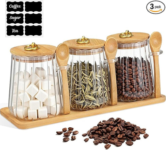 Suclain 3 Pcs Glass Coffee Container with Wooden Lid Spoon Shelf Labels Airtight Sugar Canister Set with Metal Handle Clear Jar Food Storage for Spice Coffee Bean Powder Housewarming Gift (Conical)