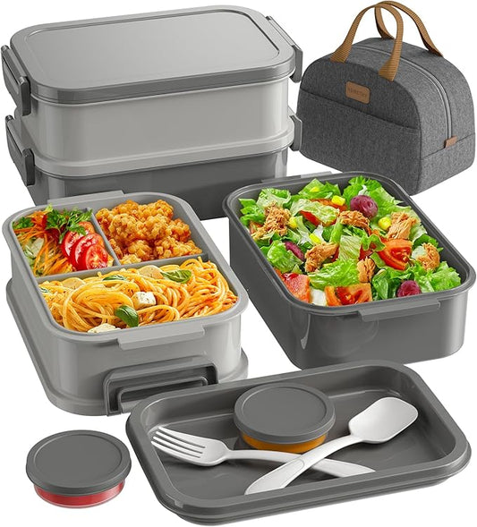 KEMETHY Adults Bento Lunch Box Set with Thermo Bag, 74oz Stackable Leak-proof 3-tiers Bento Box, Built-in Utensil and Sauce Container for Work, School, Dining Out (Gray)