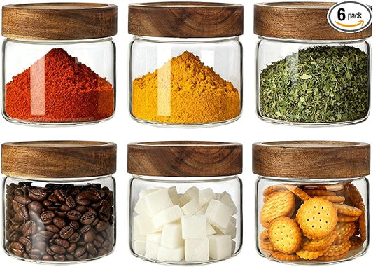CONNOO 17oz Airtight Glass Spice Jars with Lids (6-Pack) – Includes 120 Pre-Printed Waterproof White Kitchen Labels – Thick Durable Storage for Pantry, Coffee, Sugar & Meal Prep