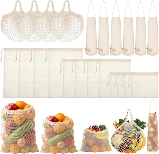22 Pack Reusable Produce Bags Washable - Cotton Mesh Grocery Bags Lightweight Hanging Storage Bag Breathable Durable Net Shopping Sack for Vegetables Fruits