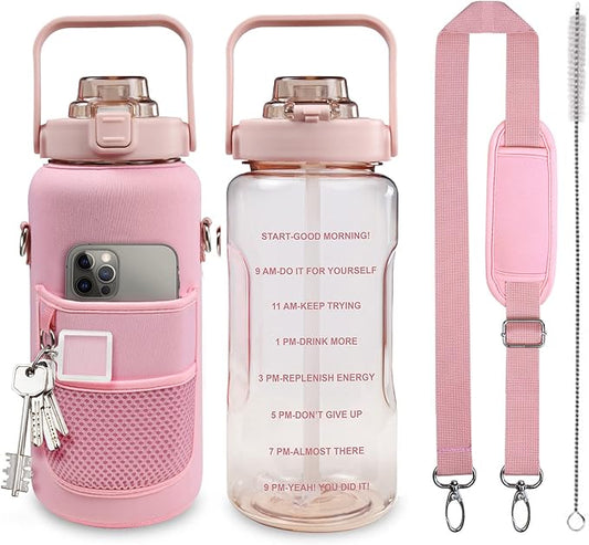Half Gallon Water Bottle with Sleeve, 64OZ Motivational Water Bottle with Straw & Time Marker, BPA Free Leakproof Gym for Sport Workout