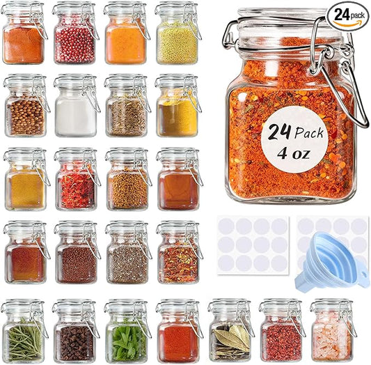 SPANLA Spice Jars, 24 Pack 4oz Small Glass Jars with Airtight Hinged Lid, With 24 Spice Labels & Silicone Funnels, Airtight Glass Jars for Spices, Condiments Herb Seasoning Art Craft Storage
