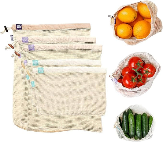 Lotus Reusable Produce Bags - Organic Cotton Washable Produce Mesh Bag for Vegetable Storage, Eco Friendly Reusable Produce Storage Fruit Bag Mesh for Groceries (3 Size Cloth Bags)