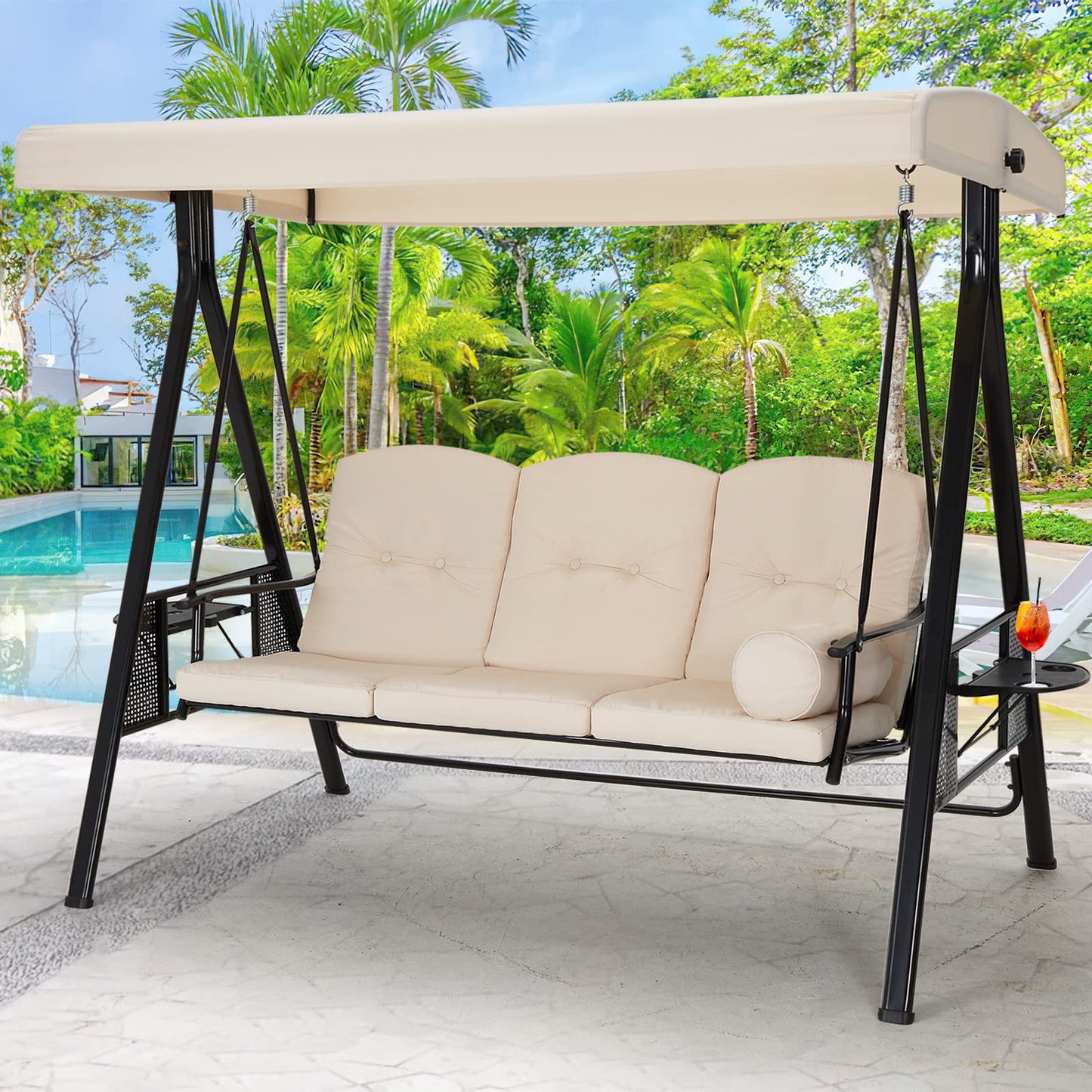 AECOJOY Outdoor Porch Swing, 3-Seat Porch Swing with Adjustable Canopy, Outdoor Swings for Adult with Beige Removable Cushions for Backyard, Garden, Yard, Poolside, Balcony