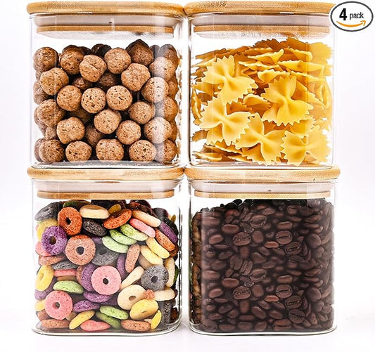 SHOWIN Glass Food Storage Jars Square 24oz, 4 Pack Glass Jars With Bamboo Lids, Kitchen Storage Containers For Spice, Candy, Cookie, Storage For Pantry Organizers