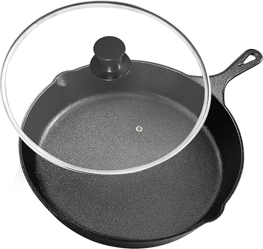 Utopia Kitchen Saute Frying Pan 8 Inch, Cast Iron Chefs Pan, Pre Seasoned Cast iron Skillet With Lid, Safe Grill Cookware for Indoor & Outdoor Use, Black