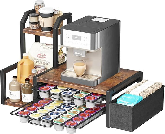 Homeiju Coffee Pod Holder Drawer for K-Cup, Nespresso Pods Holder with Side Basket，K Cup Holder Holds 60 K-Cups & 10 Syrup Bottles, Sliding Storage Drawer and Countertop Storage