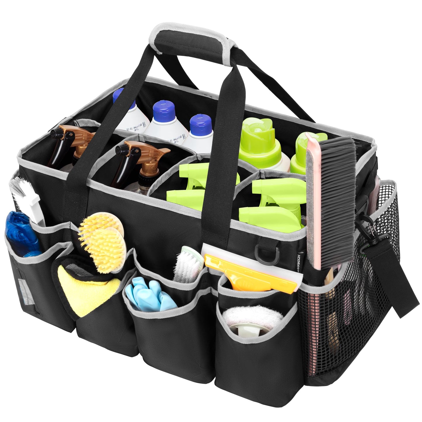 HODRANT Extra-Large Wearable Cleaning Caddy, Organizer Bag for Products, Housekeeper Tote With Pad, Handle & Divider, Car Wash Tools Bag for Detailing Supplies, Gray Edge