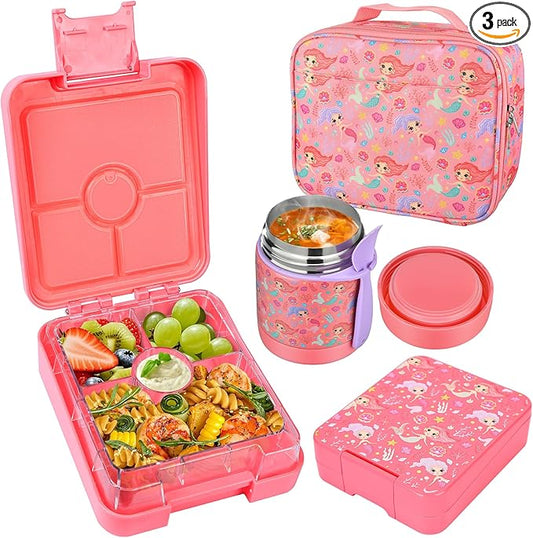 Pawtong Bento Lunch Box Set With 10oz Soup Thermo, Leak-proof Lunch Containers with 4 Compartment, Kids Hot Thermo Food Jar/Insulation Lunch Bag, Food Containers for School（Mermaid）
