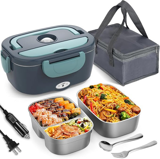 Herrfilk Electric Lunch Box Food Heater, 3 in 1 Ultra Quick Heated Lunch Boxes for Adults, 12V/24V/110V Portable Food Warmer for Car/Truck/Office With Fork Spoon and Insulated Carry Bag