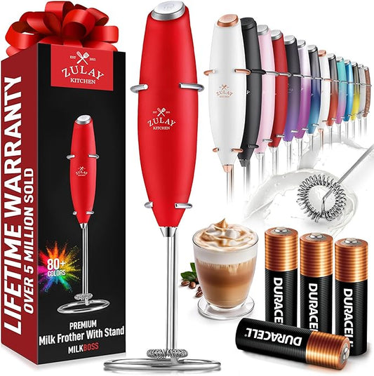 Zulay Kitchen Powerful Milk Frother Wand With 4 AA Duracell Batteries - Ultra Fast Handheld Drink Mixer - Electric Whisk Foam Maker for Coffee, Lattes, Cappuccino, Matcha & Creamer - Cardinal Red