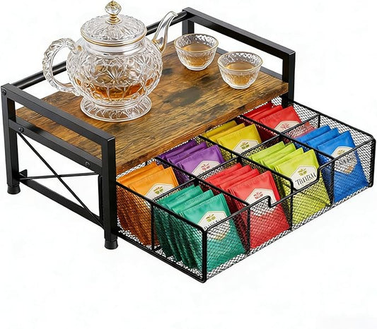 Tea Bag Organizer - Tea Organizer with 8 Compartments & Drawer, Wooden Tea Bar Storage Box, Tea Bag Holder for Countertop Kitchen Tea Station, Rustic Brown