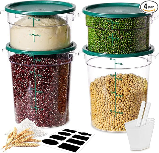 2QT&4QT NSF Round Food Storage Containers with Lids: 4 PCS [Total Food Grade][Hot&Cold Resistant] Dough Proofing Container for Pizza, Bread with Measuring Spoons Included(BPA FREE) (GREEN)