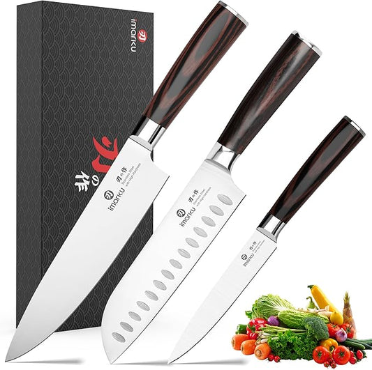 imarku 3 Pieces Knife Set, Japanese High Carbon Stainless Steel Chef Knife Set, Professional Chef Knives with Ergonomic Pakkawood Handle, Ultra Sharp Cooking Knives for Kitchen & Home Cooking