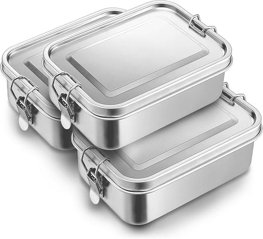 3-Pack 850ml (28.7 oz) Stainless Steel Bento Lunch Box Containers with Lids - Waterproof Metal Food Storage - Snack Prep Trays and Tiffin Carriers