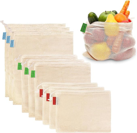 Ycsst 9 Pack Reusable Produce Bags, Cotton Mesh Vegetable & Fruit Bags for Grocery Shopping, Washable Eco Friendly Produce Storage, Reusable Grocery Bags Set (3 Sizes)