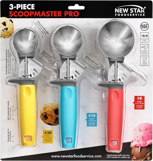New New Star Foodservice Commercial-Grade Thumb Press Food Disher/Ice Cream Scoop, 3-Pack, #8 Red + #16 Blue + #30 Yellow, 18-8 Stainless Steel, NSF Certified