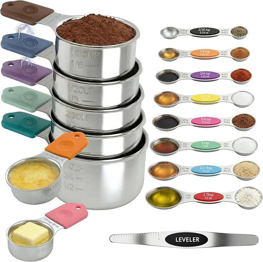 Measuring Cups and Spoons Set 16-Piece – Multicolor Kitchen Measuring Set with Easy-Read Markings, Durable Cups & Spoons for Baking and Cooking