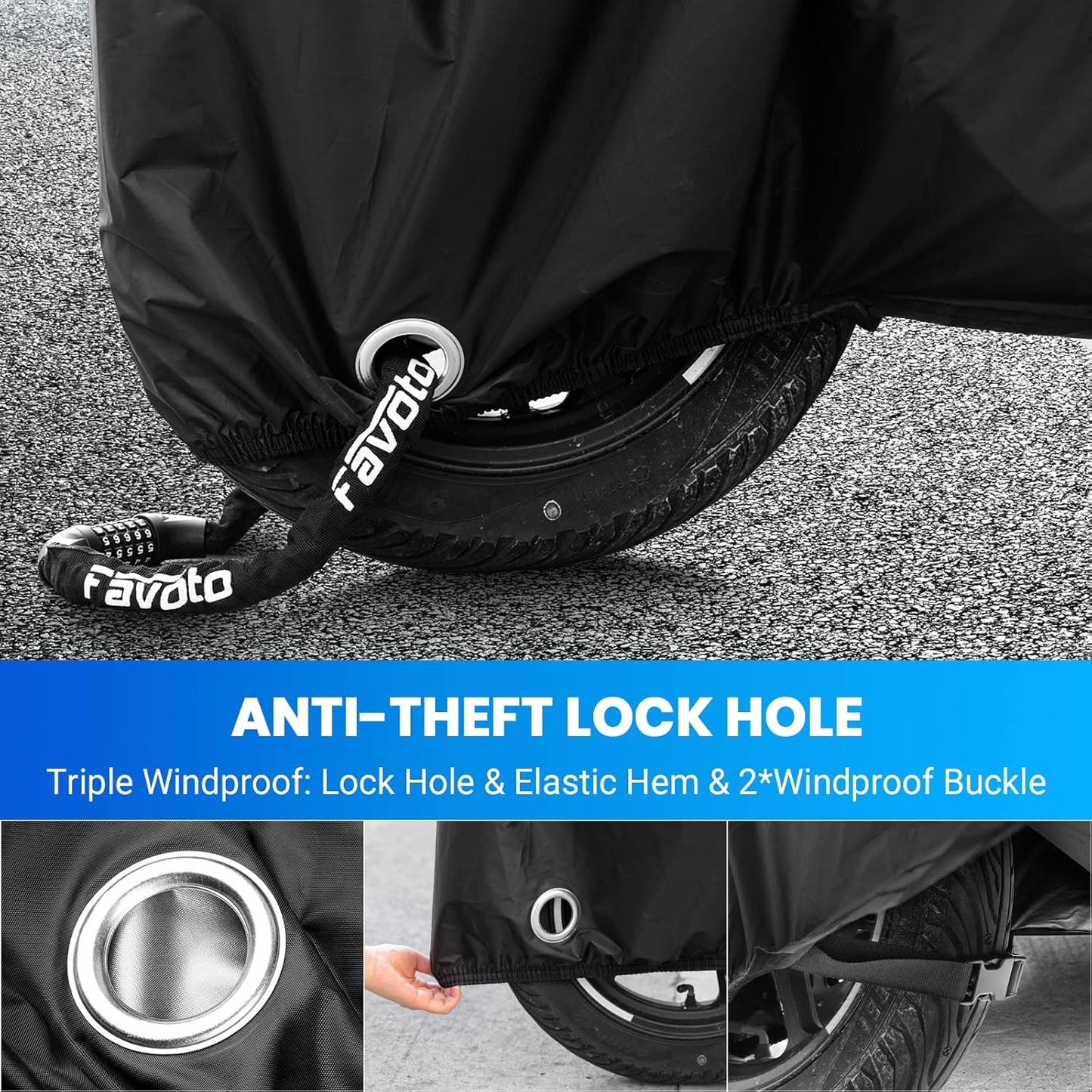 Favoto Motorcycle Cover Waterproof All Weather Universal Fits up to 108 inches Motorcycles with 3 Night Reflectors Lock-Hole Carrying Bag, Windproof Dustproof Sun Outdoor Protection