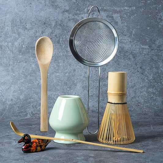Matcha Whisk Set, Matcha Making Kit Whisk (Chasen Holder), Ceramic Whisk Holder (Light Green), Bamboo Scoop, Powder Starter Sifter, Spoon Japanese Tea Tools For Ceremony Gift