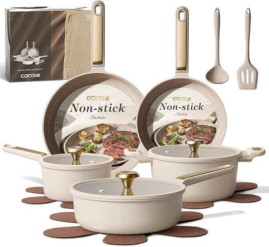 CAROTE Ceramic Cookware Set Nonstick, 14pcs Pots and Pans Set Nonstick, Non-Toxic & PFAS-Free, Dishwasher, RV/Camping Cookware Set, Cooking Pots with Lids, Light Taupe
