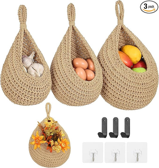 Boho Wall Hanging Fruit Baskets for Kitchen 3 Pack Woven Produce Holder with 6 Pcs Strong Hooks Vegetable Hanging Basket for Organizing Teardrop Home Wall Potato Onion Storage, Linen