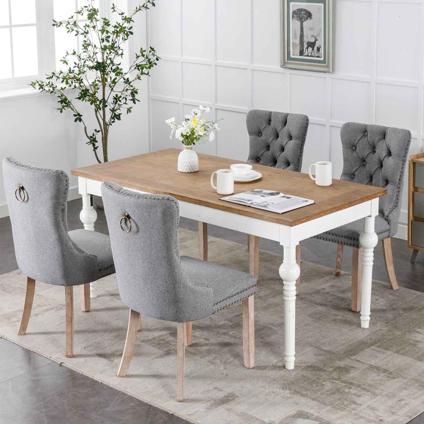LKTART Upholstered Dining Chairs Set of 4 with Button Tufted, Linen Chair with Solid Wood Legs for Dining Room, Living Room, Bedroom, Kitchen Grey