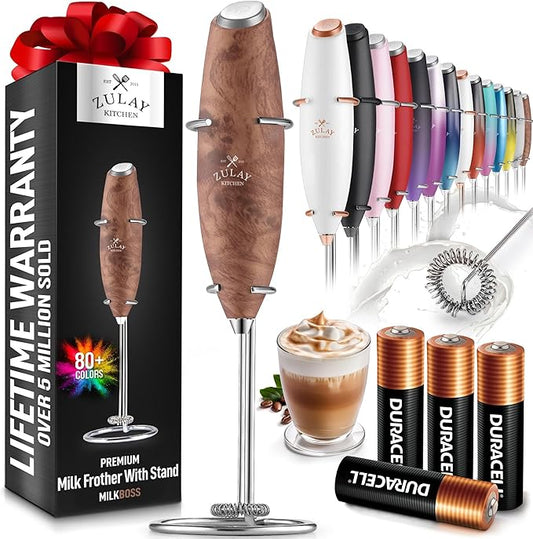 Zulay Kitchen Powerful Milk Frother Wand With 4 AA Duracell Batteries - Ultra Fast Handheld Drink Mixer - Electric Whisk Foam Maker for Coffee, Lattes, Cappuccino, Matcha & Creamer - Walnut