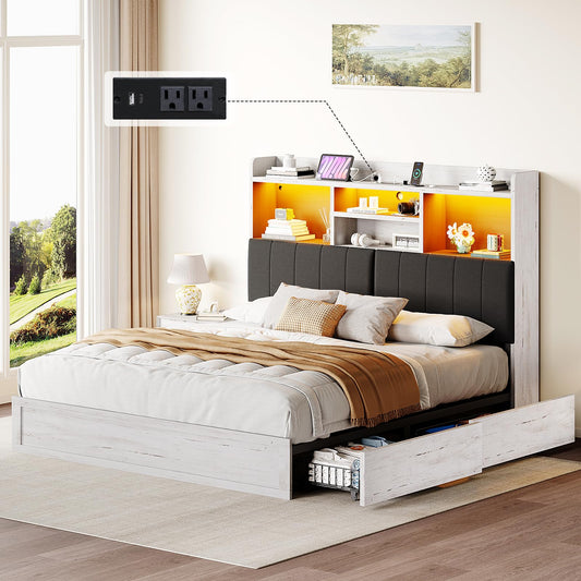 YUMPIE King Bed Frame with Bookcase Headboard, Farmhouse Upholstered Platform Bed with 4 Storage Drawers, LED Bed with Charging Station, Wood Slats Support, No Box Spring Needed, Distressed White