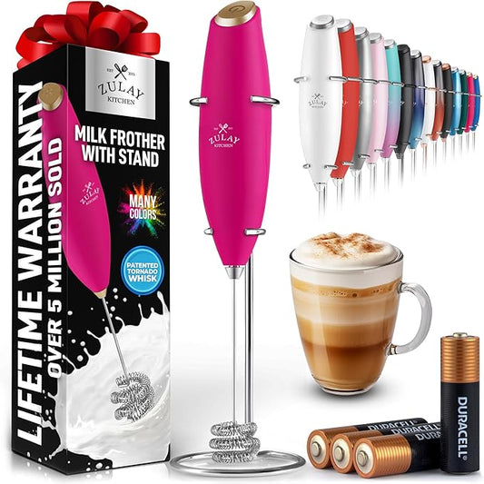 Zulay Kitchen Patented Tornado Triple Whisk Milk Frother with 4 Duracell Batteries – Handheld Foam Maker for Coffee, Lattes, Matcha & Hot Chocolate – Rich, Creamy Froth in Seconds - Pink & Gold