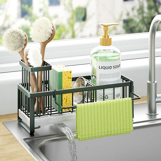 HapiRm Sponge Holder for Kitchen Sink - Self-draining Sink Caddy with Brush and Dishcloth Holders, Stainless Steel Kitchen Organizer for Countertop - Green