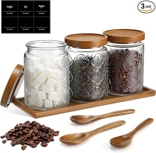3 Pack 24 oz Glass Coffee Container with Wooden Tray Lid Spoon Labels Clear Airtight Glass Jar Food Storage Kitchen Canisters Set Decorative Coffee Bar Containers for Sugar Candy Tea Flour