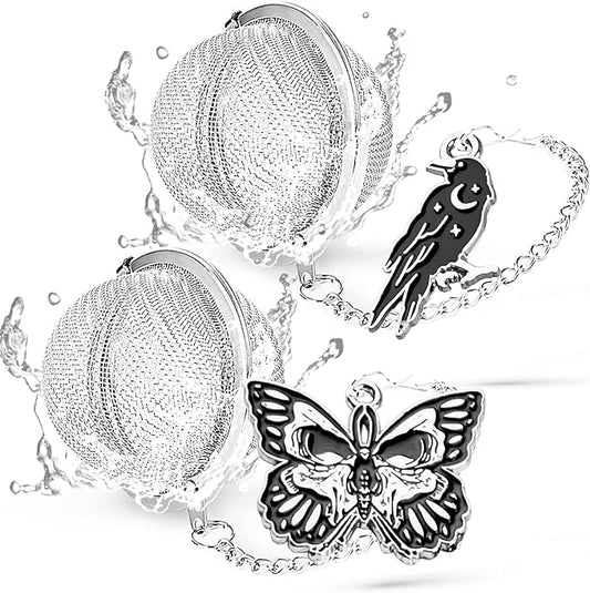 TeaSanavie 2 Pack Halloween Themed Tea Infuser - Gothic Loose Leaf Tea Steeper with Black Raven & Skull Butterfly Charm, 304 Stainless Steel, Perfect Spooky Tea Gift